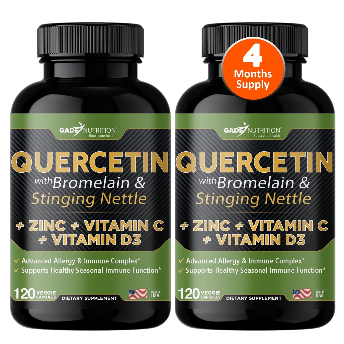 GADE NUTRITION Quercetin 500mg with Bromelain, Vitamin C, Zinc & Vitamin D3 – 120 Veggie Caps