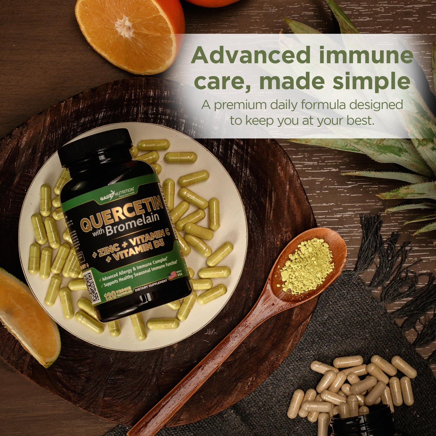 GADE NUTRITION Quercetin 500mg with Bromelain, Vitamin C & Zinc – Immune Support, Veggie Capsules, Non-GMO, Gluten-Free, Vegan – 6 Month Supply