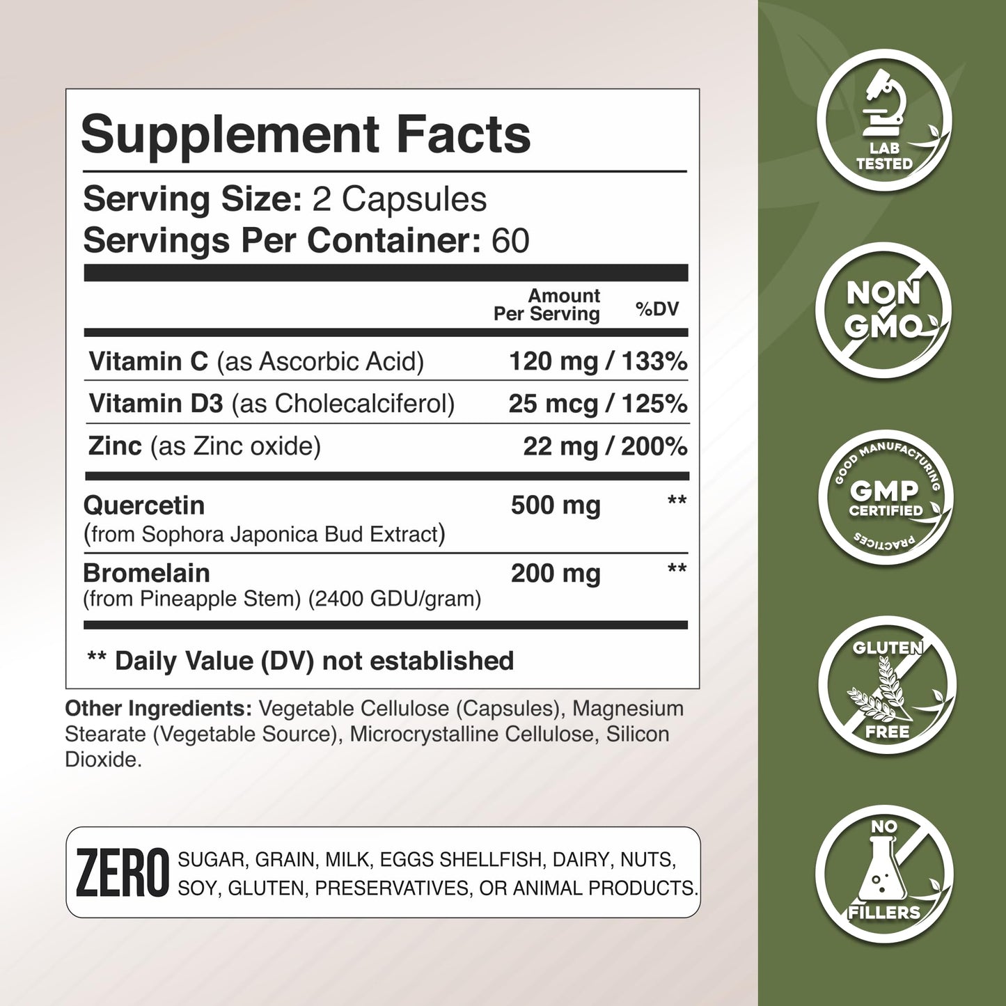 GADE NUTRITION Quercetin 500mg with Bromelain, Vitamin C & Zinc – Immune Support, Veggie Capsules, Non-GMO, Gluten-Free, Vegan – 6 Month Supply