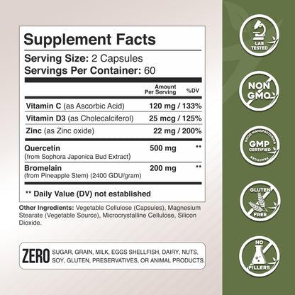 GADE NUTRITION Quercetin 500mg with Bromelain, Vitamin C & Zinc – Immune Support, Veggie Capsules, Non-GMO, Gluten-Free, Vegan – 6 Month Supply