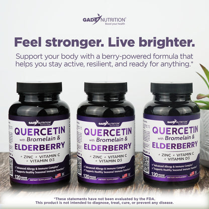 Gade Nutrition Quercetin with Bromelain, Vitamin C & Zinc, Vitamin D3, and Elderberry | Daily Immune Support Supplement - 4 Months Supply