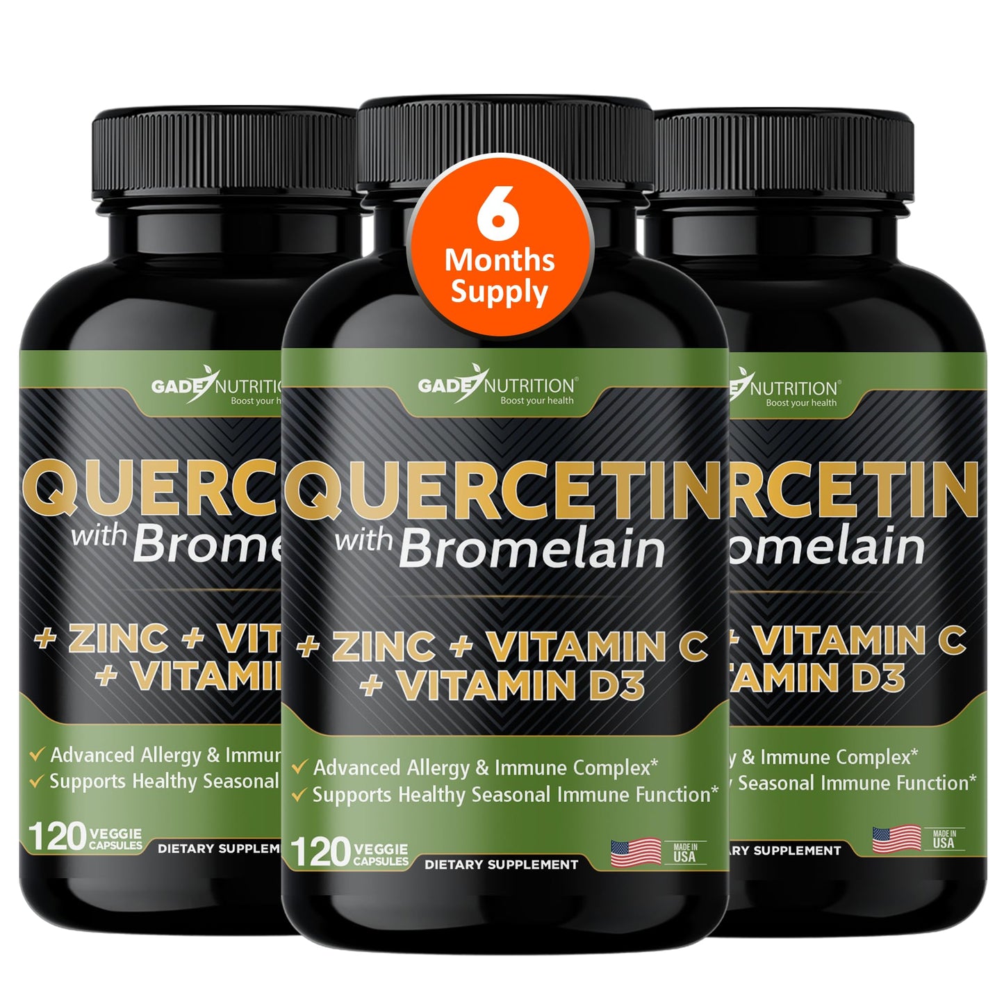 GADE NUTRITION Quercetin 500mg with Bromelain, Vitamin C & Zinc – Immune Support, Veggie Capsules, Non-GMO, Gluten-Free, Vegan – 6 Month Supply