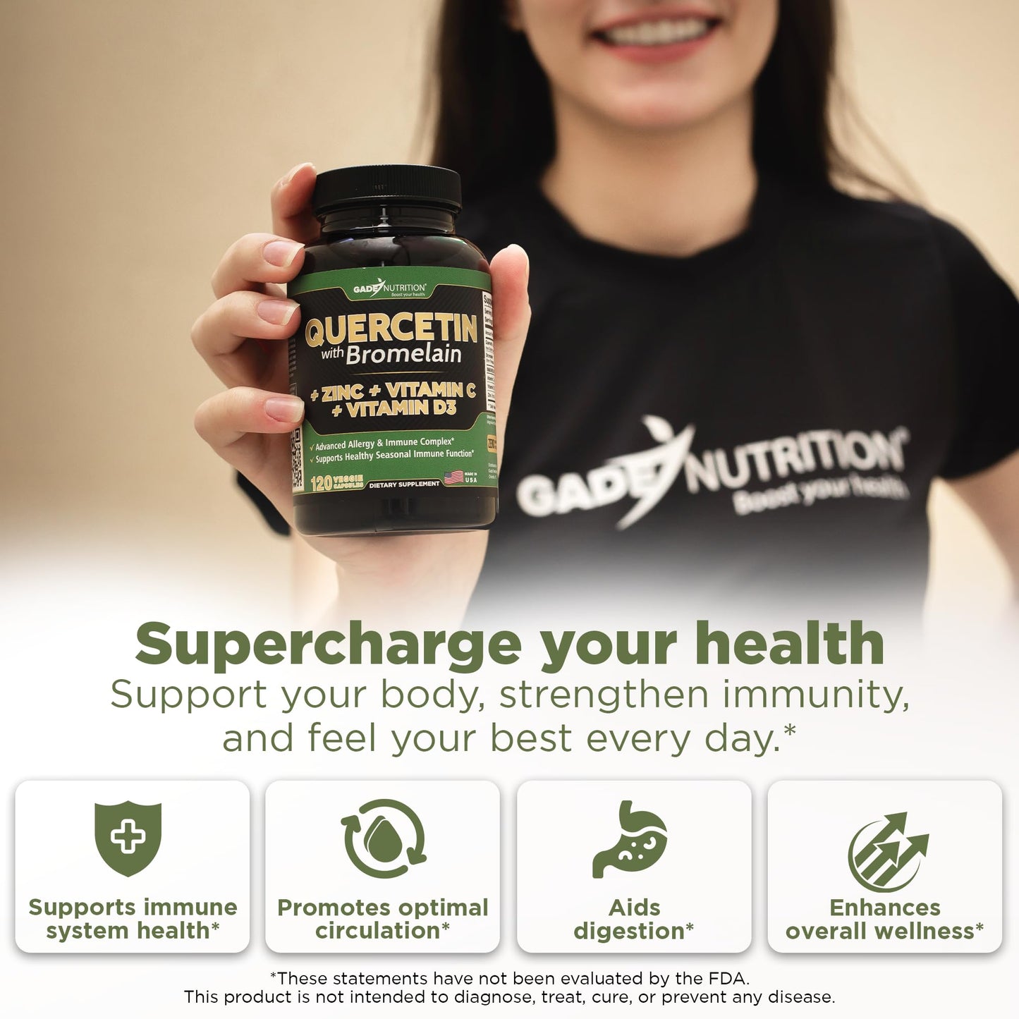 GADE NUTRITION Quercetin 500mg with Bromelain, Vitamin C & Zinc – Immune Support, Veggie Capsules, Non-GMO, Gluten-Free, Vegan – 6 Month Supply