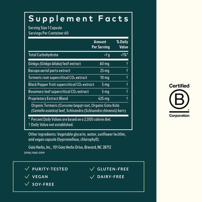 Gaia Herbs Agile Mind – Brain Support with Turmeric, Bacopa, Black Pepper & Ginkgo Biloba | 60 Vegan Liquid Phyto-Capsules
