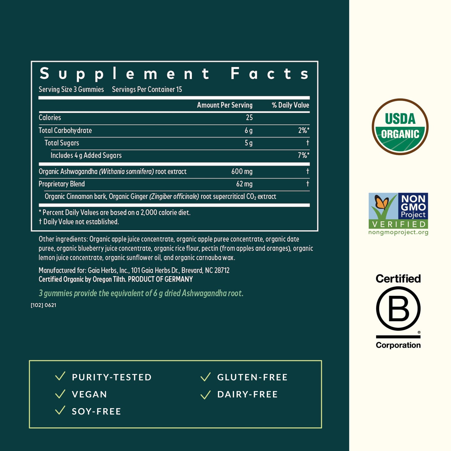 Gaia Herbs Organic Ashwagandha Gummies - Stress Support* | Cinnamon & Ginger - Gluten Free & Vegan - 45 Count