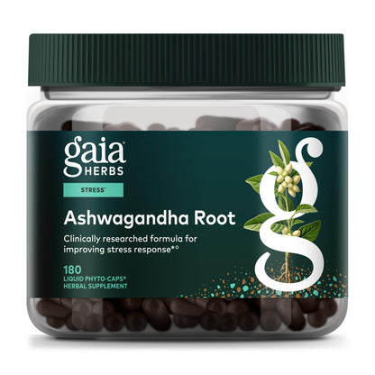 Gaia Herbs Ashwagandha Root - Stress Relief & Sleep Support, 180 Vegan Liquid Phyto-Caps (90 Servings)