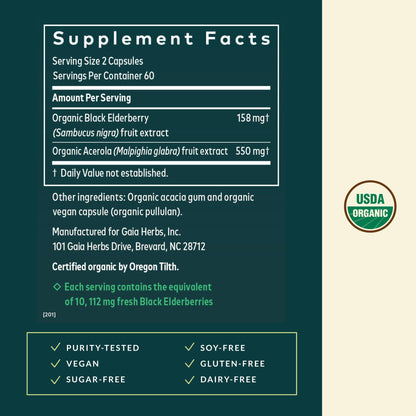Gaia Herbs Black Elderberry – Daily Immune Support Capsules with Acerola (120 Vegan Capsules, 60 Servings)