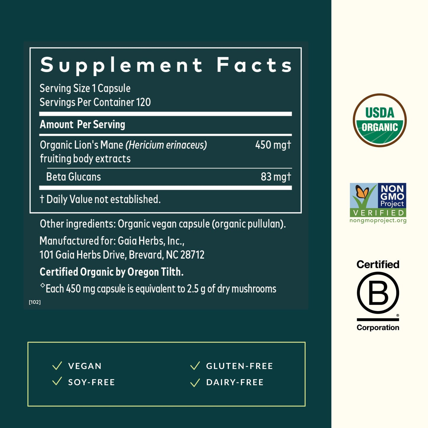 Gaia Herbs Lion's Mane Mushroom – Brain & Nerve Support, 120 Vegan Capsules