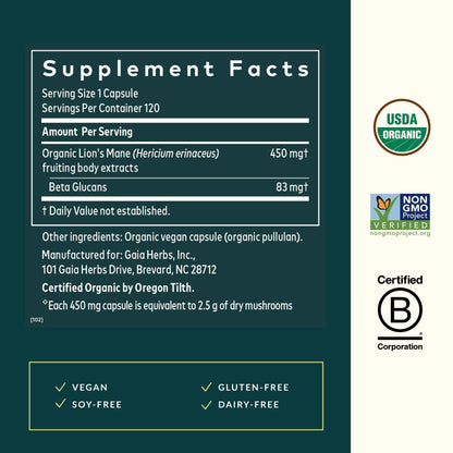 Gaia Herbs Lion's Mane Mushroom – Brain & Nerve Support, 120 Vegan Capsules