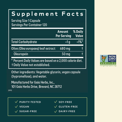 Gaia Herbs Olive Leaf - Traditional Immune Support with Oleuropein | 120 Vegan Liquid Phyto-Caps