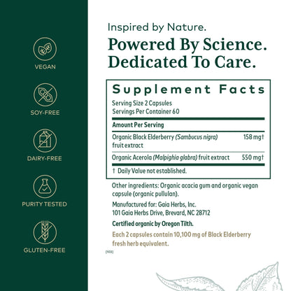 GAIA HERBS PRO Black Elderberry PRO - Immune Support*, Organic Elderberry Extract, Vegan, 120 Capsules (60 Servings)