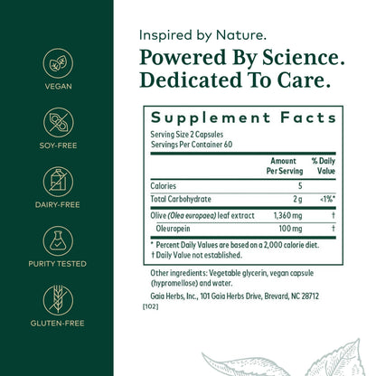 Gaia Herbs PRO Olive Leaf 1360 | Immune & Heart Health | Gluten-Free