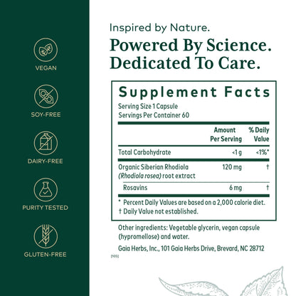 GAIA HERBS PRO Rhodiola - Energy Support Supplement - Adaptogen with Rhodiola Root Extract - Vegan Gluten-Free Soy-Free - 60 Phyto-Caps (30 Servings)