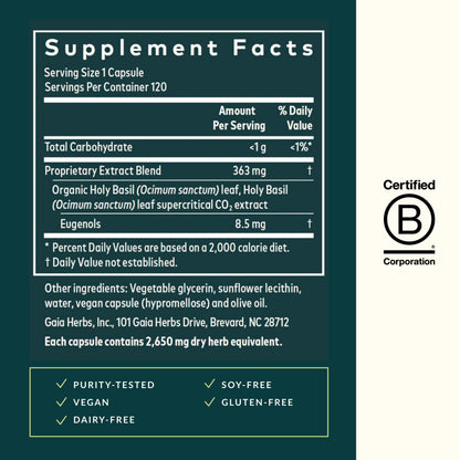 Gaia Herbs Holy Basil Leaf | Adaptogenic Ayurvedic Stress Support | 120 Vegan Liquid Phyto-Caps (60 Servings)