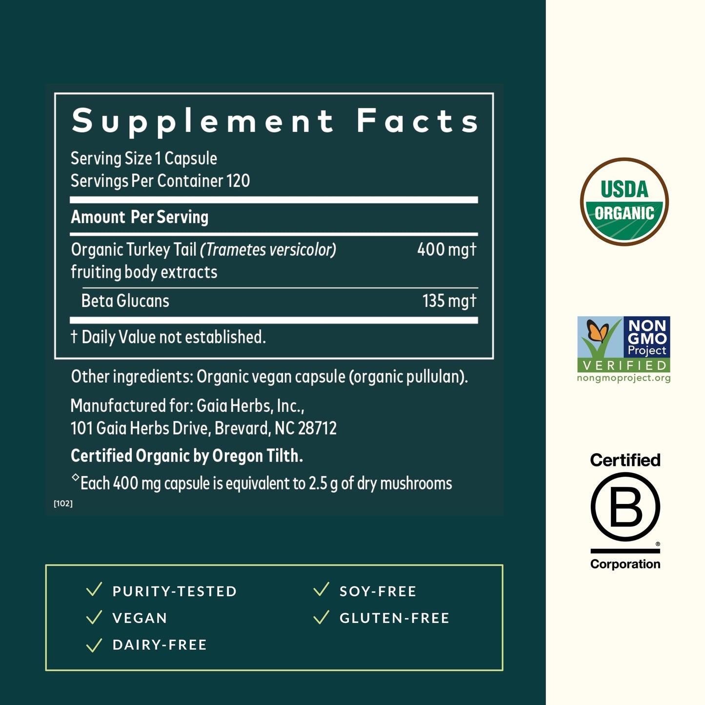Gaia Herbs Turkey Tail Mushroom – Immune Support & Liver Health, 120 Vegan Capsules