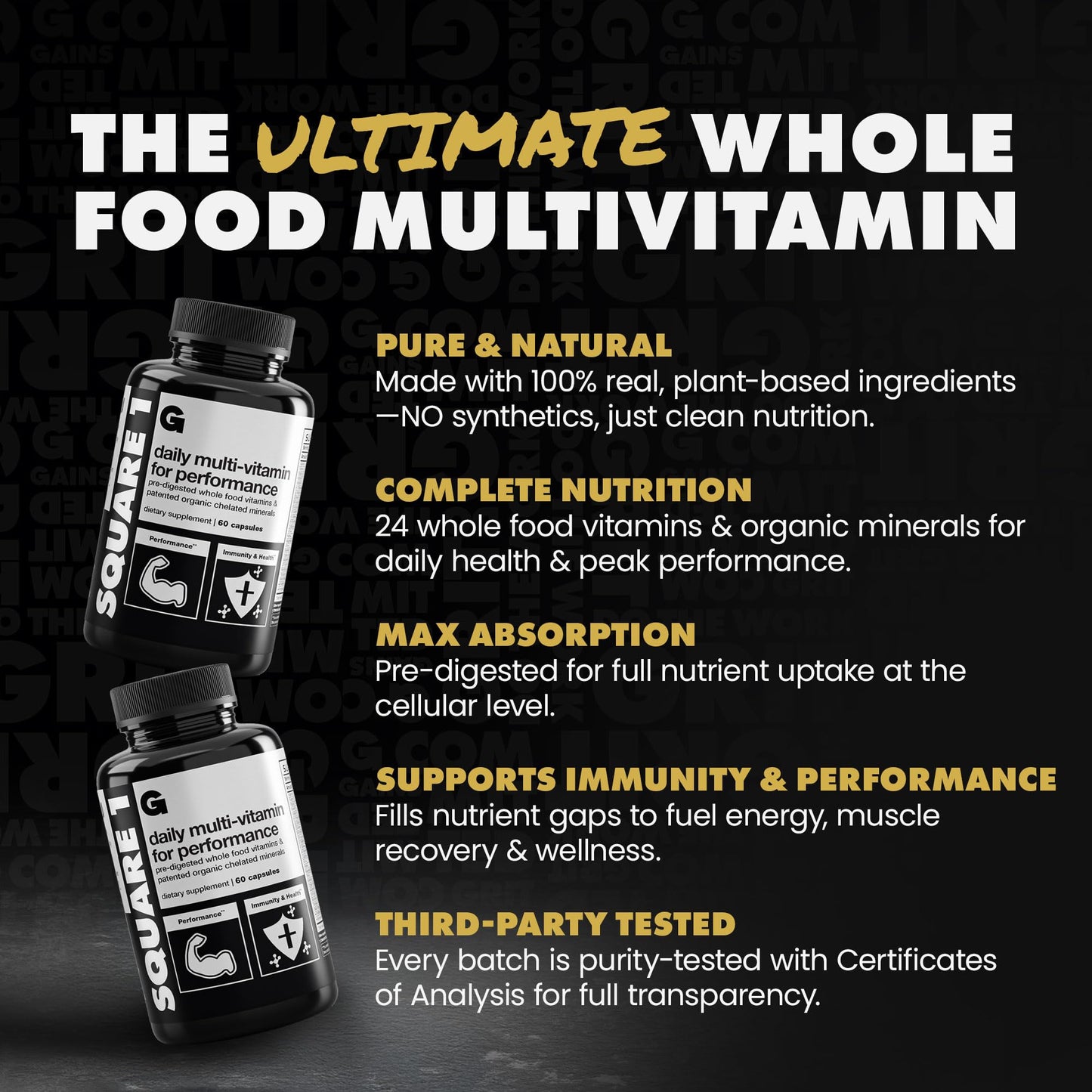 Gains in Bulk Square 1 Multivitamin with Organic Minerals – For Women & Men, 60 Capsules | Muscle Health, Performance & Immune Support