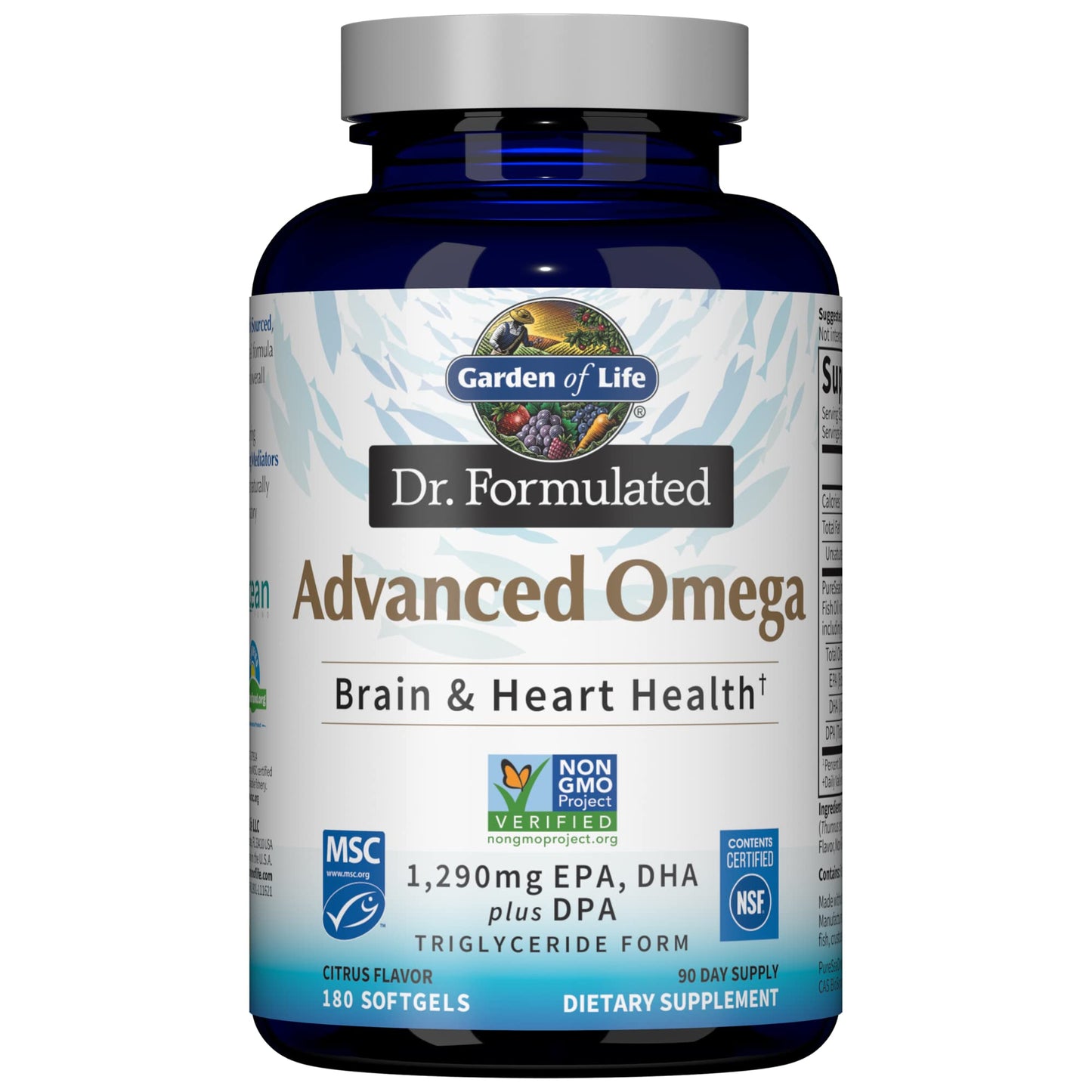 Garden of Life Dr. Formulated Advanced Omega Fish Oil - Lemon | 1,290 mg Omega-3 (EPA 695 mg, DHA 465 mg, DPA 30 mg), TG Form, 180 Softgels