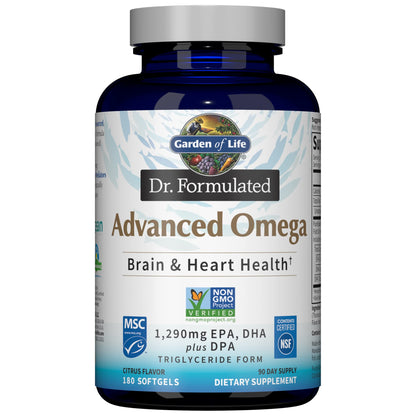 Garden of Life Dr. Formulated Advanced Omega Fish Oil - Lemon | 1,290 mg Omega-3 (EPA 695 mg, DHA 465 mg, DPA 30 mg), TG Form, 180 Softgels