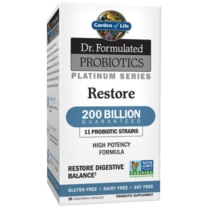 Garden of Life Dr. Formulated Probiotics Platinum Restore 200B CFU – 28 Veg Capsules | Vegan, Non-GMO, Gluten & Dairy Free