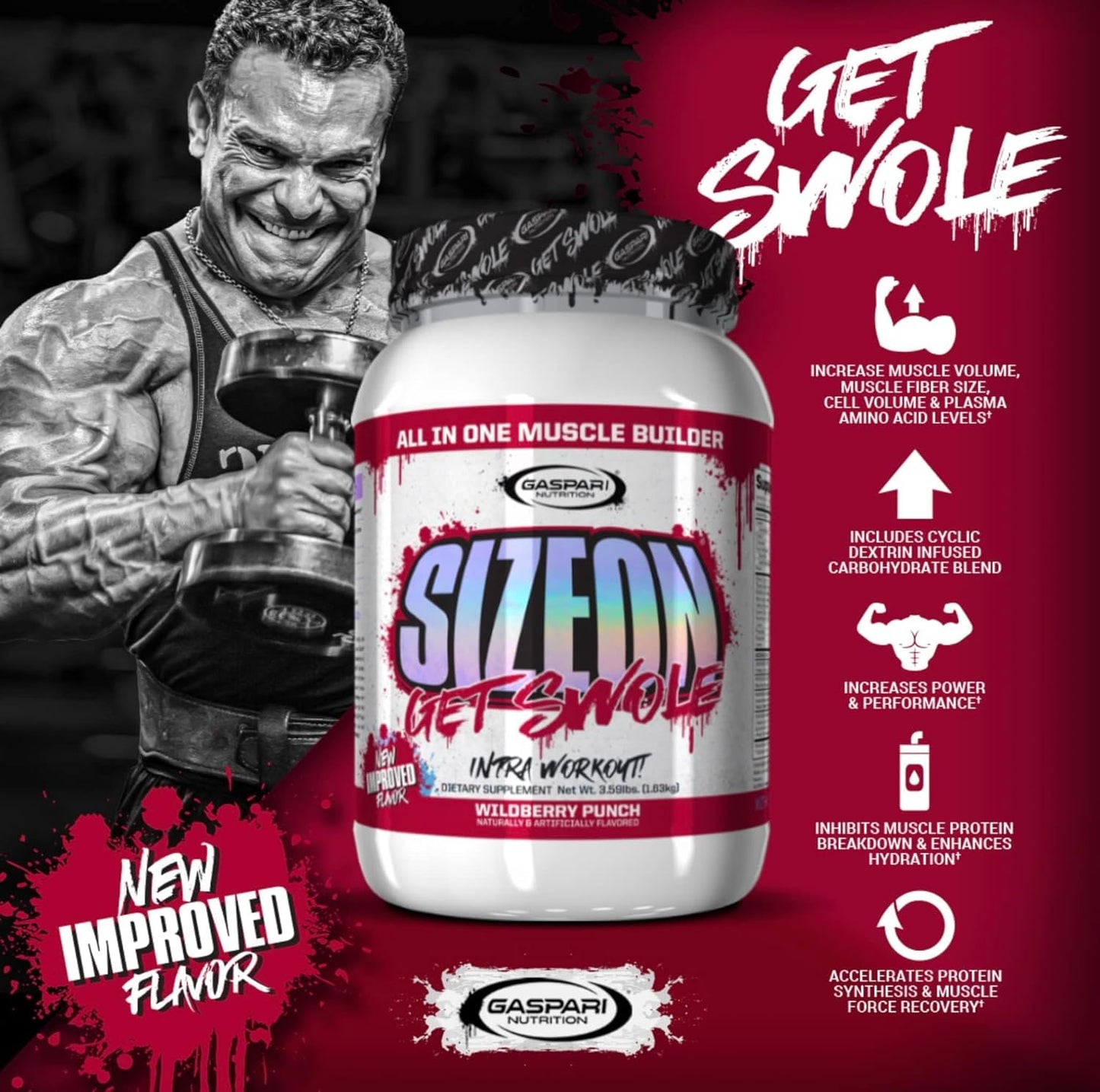 Gaspari SizeOn – Hybrid Intra-Workout Amino Acids & Creatine for Muscle Size & Recovery (3.59 lb Raspberry)