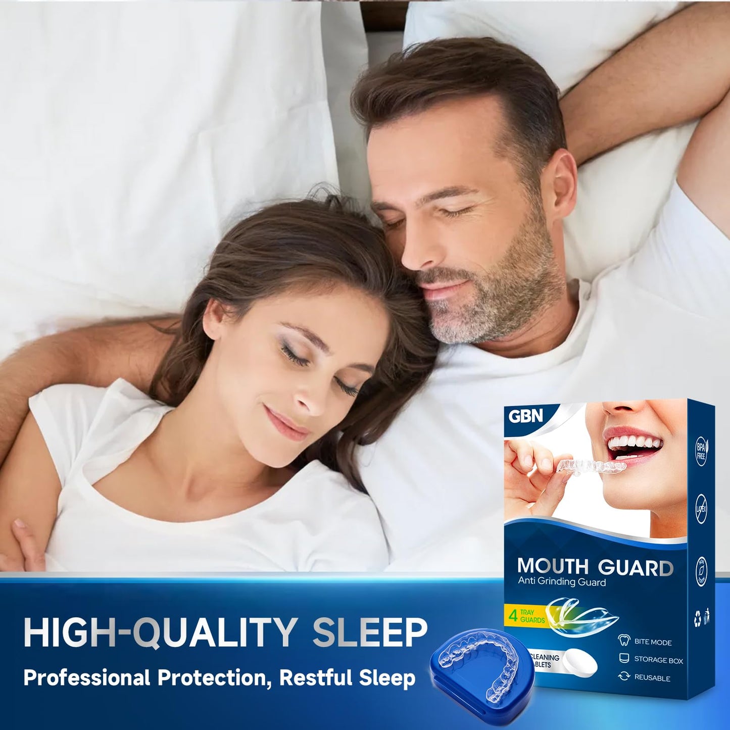 GBN Mouth Guard for Grinding Teeth at Night – Custom Fit Night Guard (2 Sizes) + 12 Cleaning Tablets