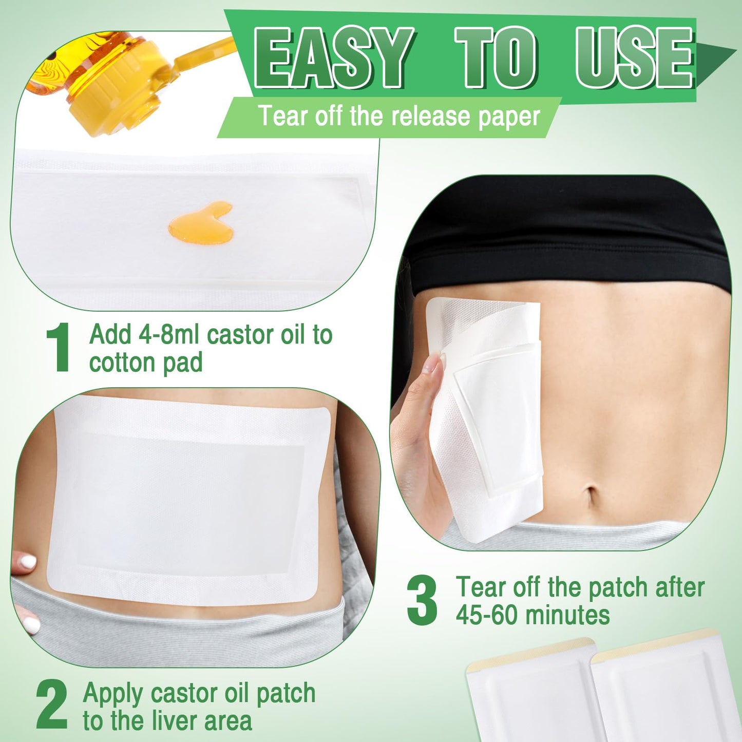 Geiserailie 50 Pcs Castor Oil Pack Wraps - Disposable Self-Adhesive Organic Cotton Patches (7.9 x 5.5 inches)
