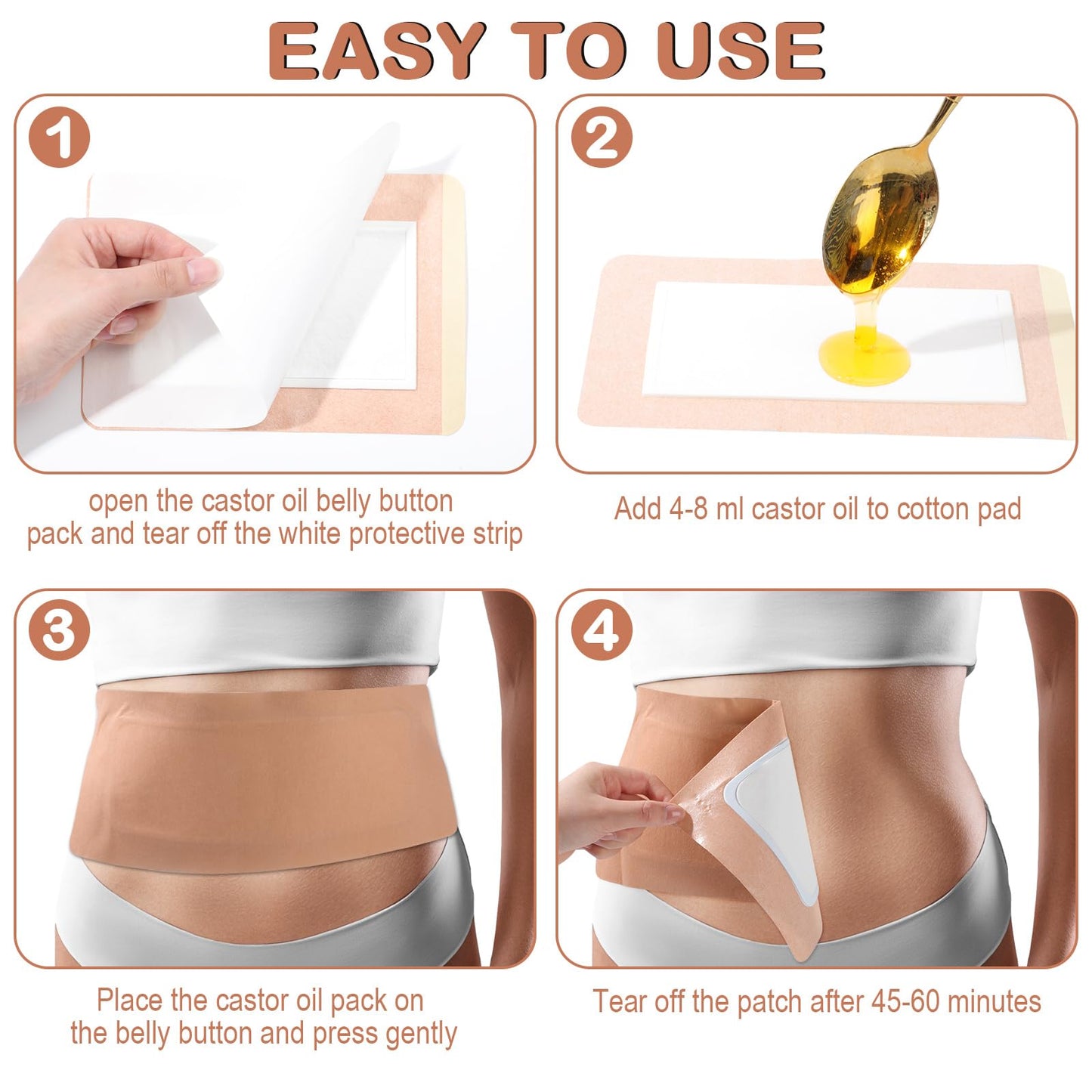 Geiserailie 120 Pcs Disposable Castor Oil Patches Kit - Self Adhesive Multi Size Castor Oil Wraps