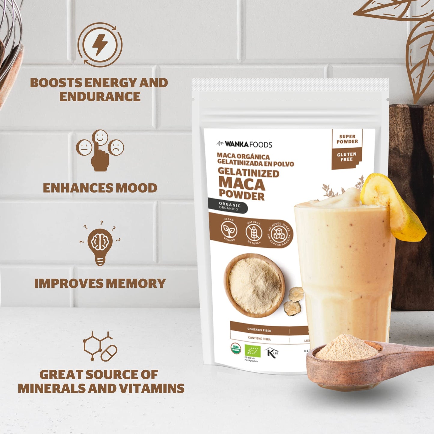 WANKA FOODS Organic Gelatinized Maca Powder – 8oz / 227g | Peruvian Maca Root, Vegan, USDA Organic, Non-GMO, Gluten-Free, Keto-Friendly