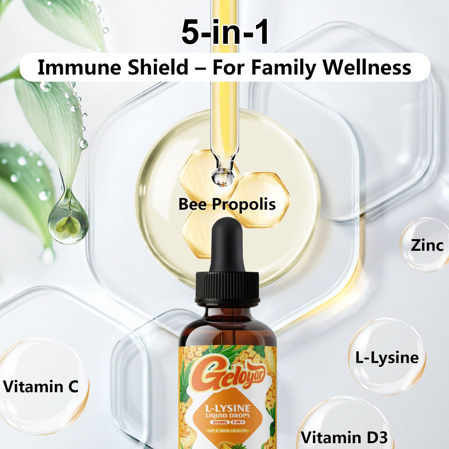 Geloyar L-Lysine Liquid Drops – 1200mg Lysine for Cold Sore, Lip Health & Immune Support | Vegan, 2 fl oz