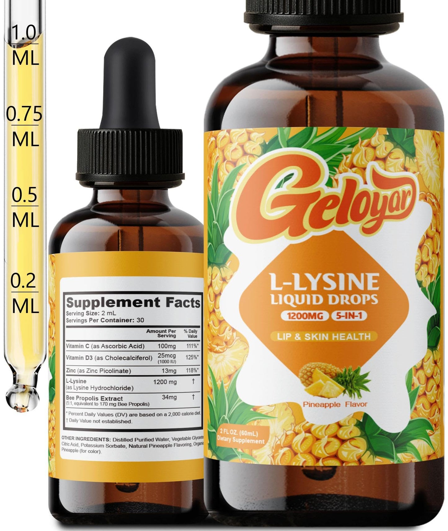Geloyar L-Lysine Liquid Drops – 1200mg Lysine for Cold Sore, Lip Health & Immune Support | Vegan, 2 fl oz