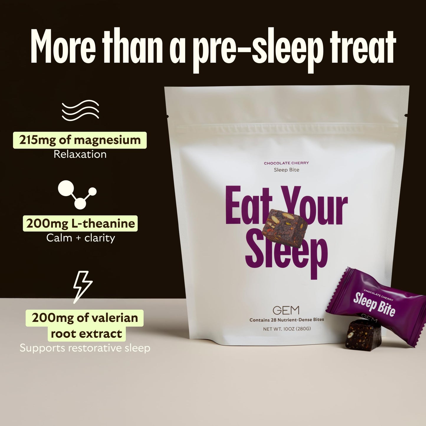 GEM Sleep Aid, Nighttime Bite, 7 Pack, Melatonin Free, L-Theanine, Magnesium, Valerian Root Extract | Vegan and Gluten Free | Earthy Chocolate Cherry, Trial Size