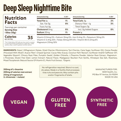 GEM Sleep Aid, Nighttime Bite, 7 Pack, Melatonin Free, L-Theanine, Magnesium, Valerian Root Extract | Vegan and Gluten Free | Earthy Chocolate Cherry, Trial Size