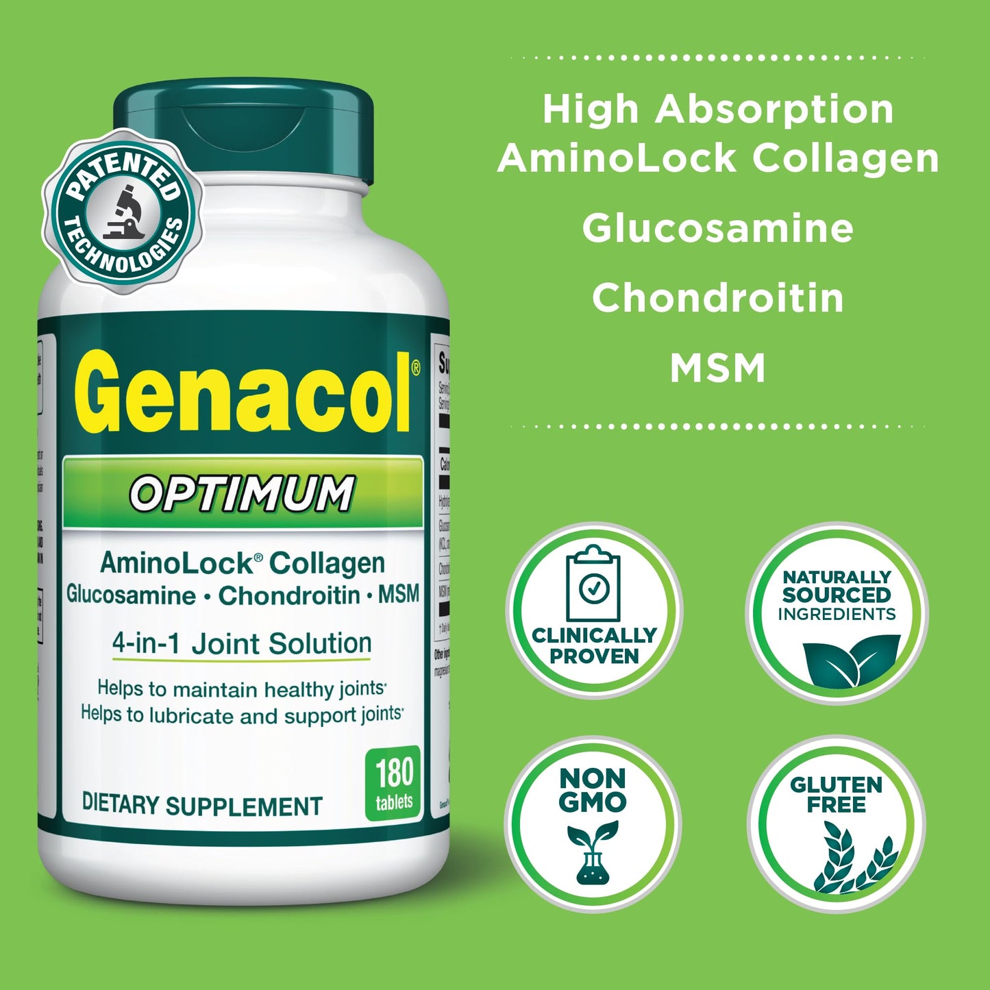 Genacol Optimum: Joint Support Tablets with Glucosamine, Chondroitin, MSM & Ultra-Hydrolyzed Collagen - 180 Count
