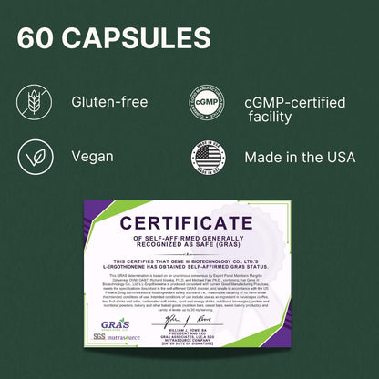 GENEIII L-Ergothioneine Supplement 30mg per Serving | 60 Servings | Lab Tested, USA Made
