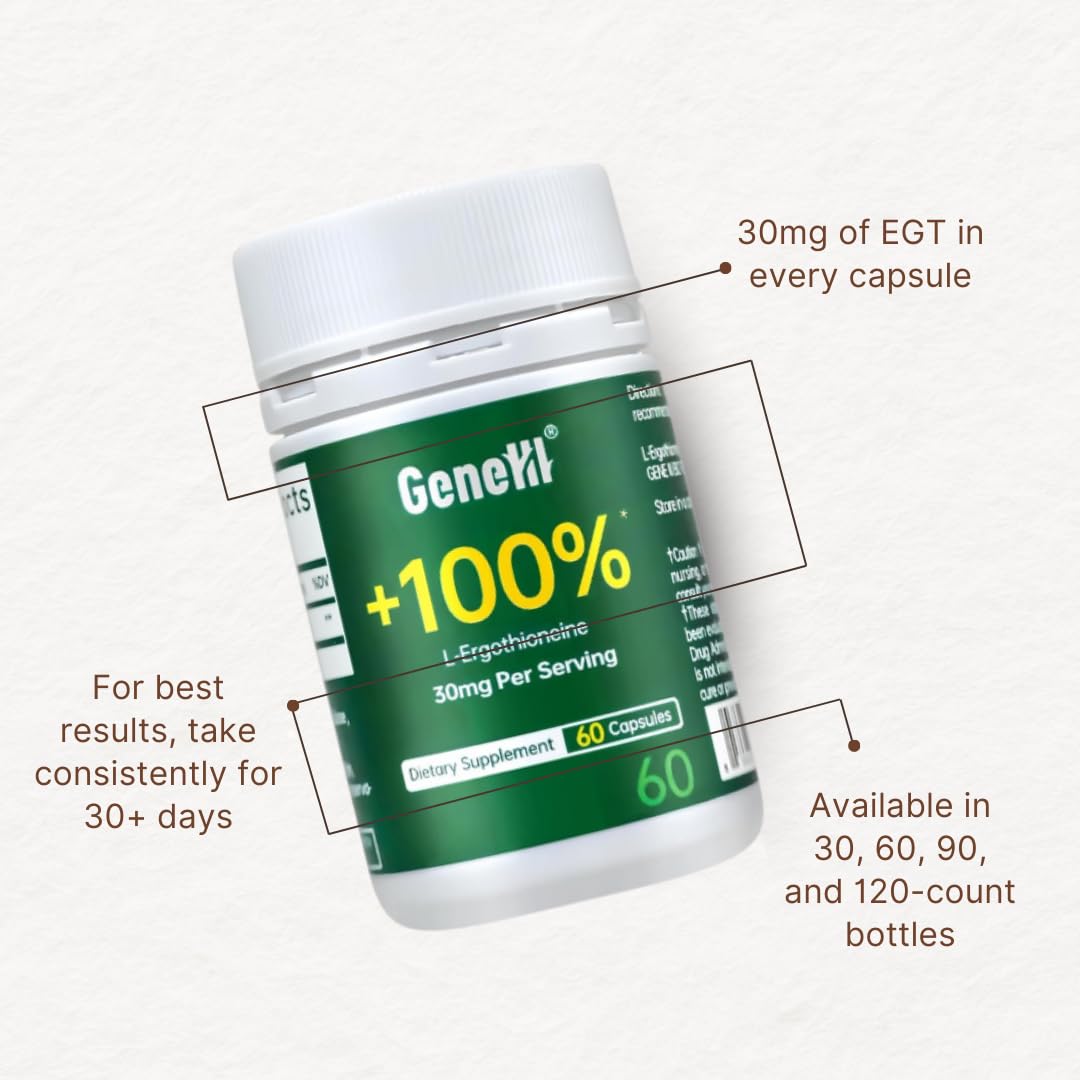 GENEIII L-Ergothioneine Supplement 30mg per Serving | 60 Servings | Lab Tested, USA Made