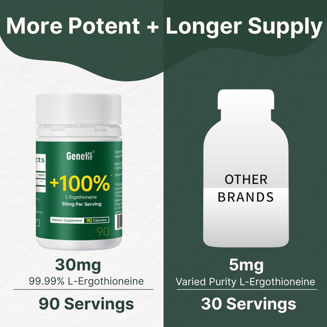 GENEIII L-Ergothioneine Supplement – 30 mg per Serving, 90 Servings | Immune & Brain Support