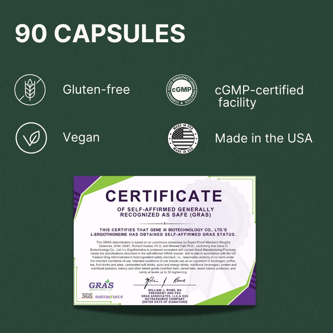 GENEIII L-Ergothioneine Supplement – 30 mg per Serving, 90 Servings | Immune & Brain Support