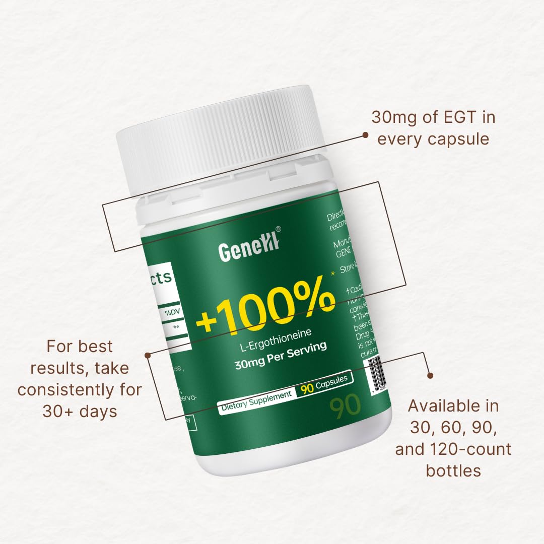 GENEIII L-Ergothioneine Supplement – 30 mg per Serving, 90 Servings | Immune & Brain Support