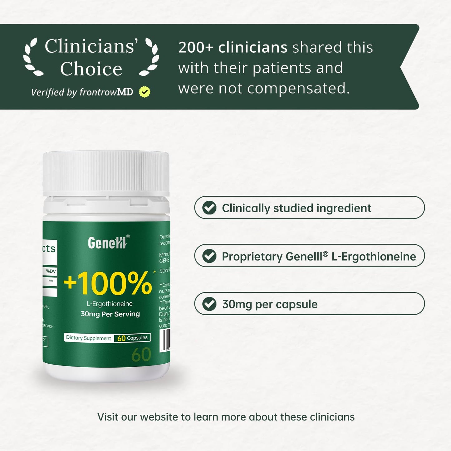 GENEIII L-Ergothioneine Supplement 30mg per Serving | 60 Servings | Lab Tested, USA Made