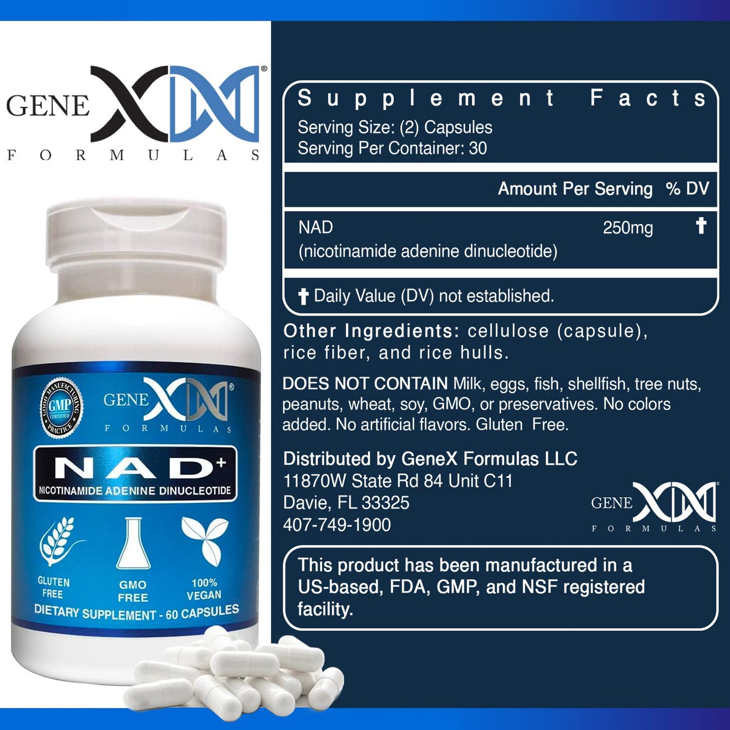 Genex Formulas NAD+ 250mg – 60 Capsules | Actual NAD+ (Not a Precursor) – Vegan, Gluten Free