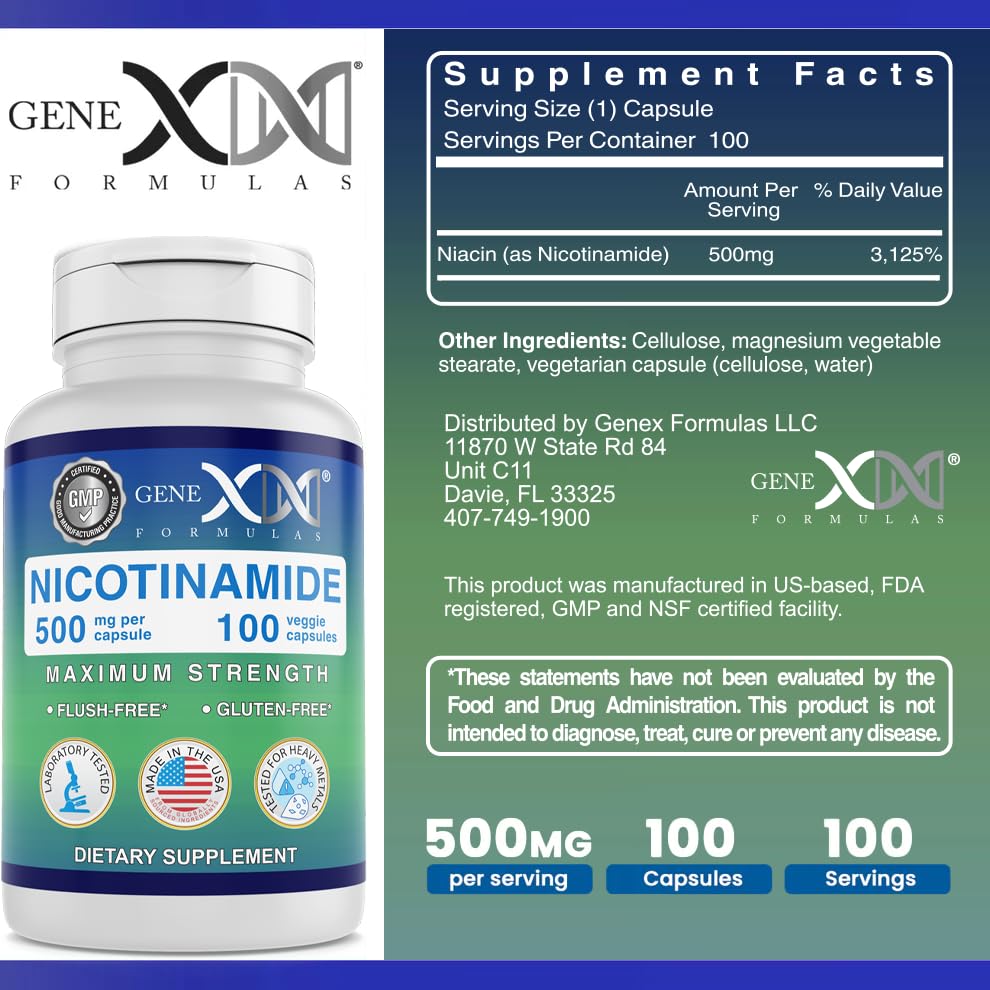Genex Formulas Nicotinamide 500mg (3-Pack) | Flush-Free Niacinamide for Skin Health & Energy
