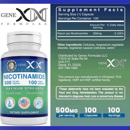 Genex Formulas Nicotinamide 500mg (3-Pack) | Flush-Free Niacinamide for Skin Health & Energy