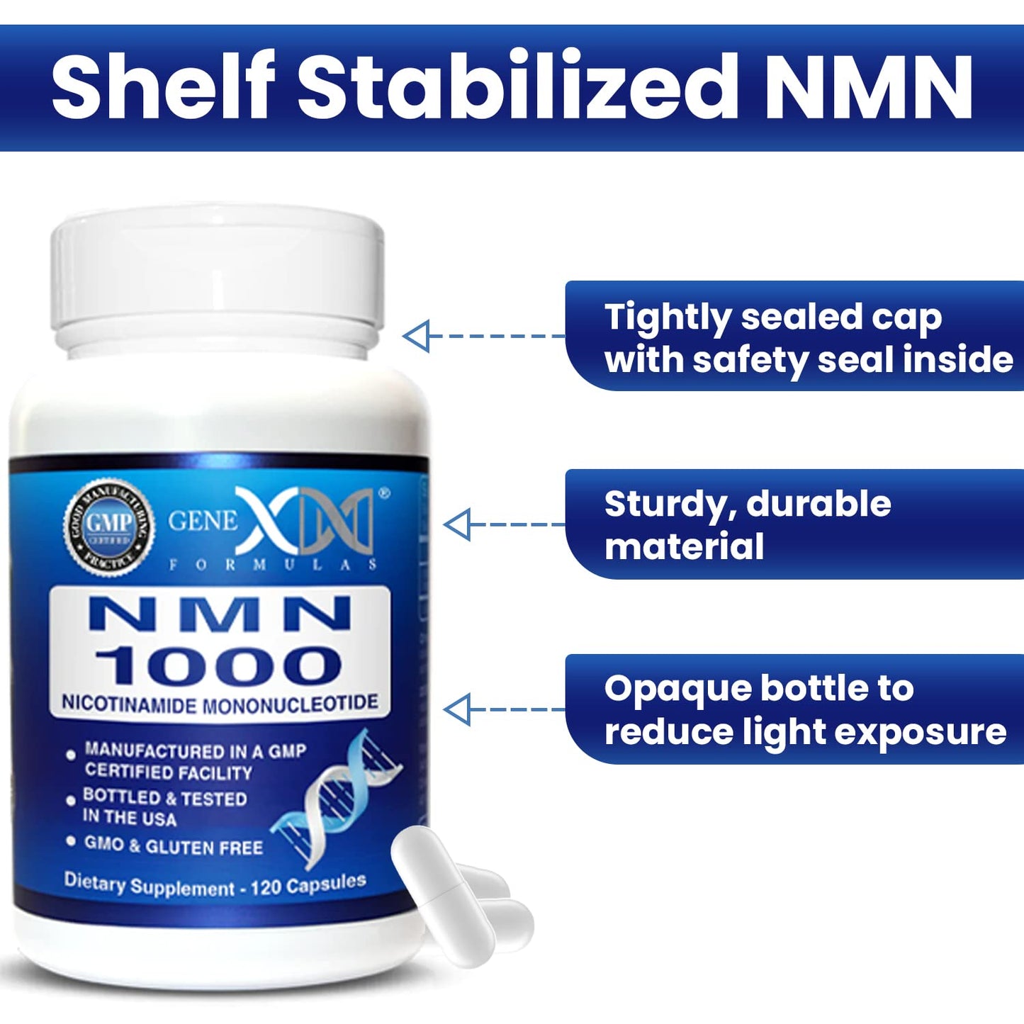 Genex Formulas NMN 1000mg – 99% Pure, Shelf-Stable NAD Support, 120 Capsules, GMP Certified