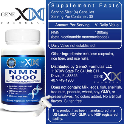 Genex Formulas NMN 1000mg – 99% Pure, Shelf-Stable NAD Support, 120 Capsules, GMP Certified