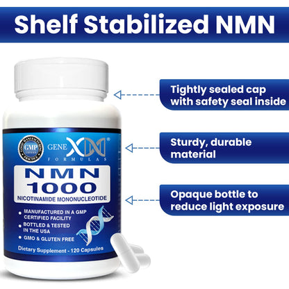 Genex Formulas NMN 1000mg – 99% Pure, Shelf-Stable NAD Support, 120 Capsules, GMP Certified