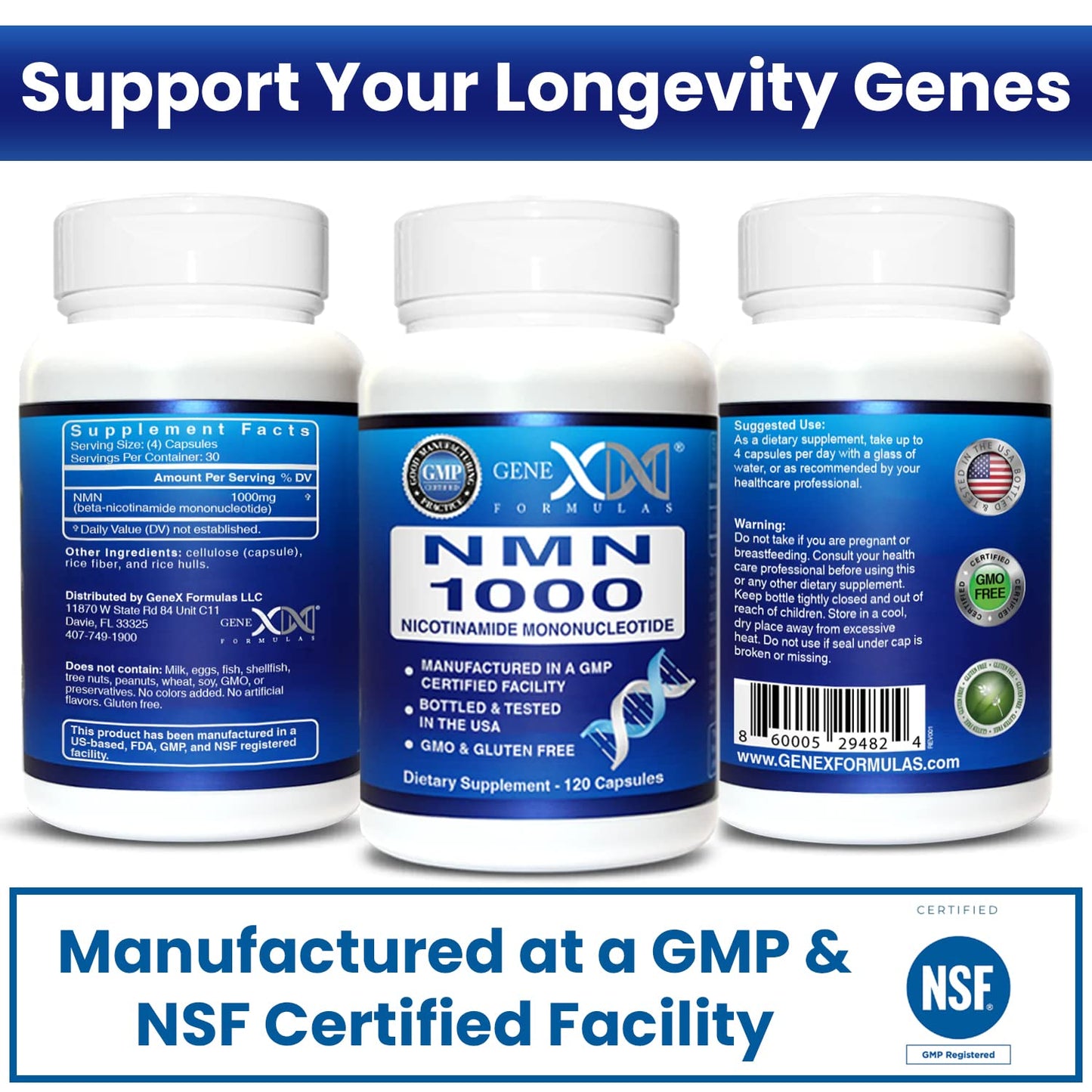 Genex Formulas NMN 1000mg – 99% Pure, Shelf-Stable NAD Support, 120 Capsules, GMP Certified