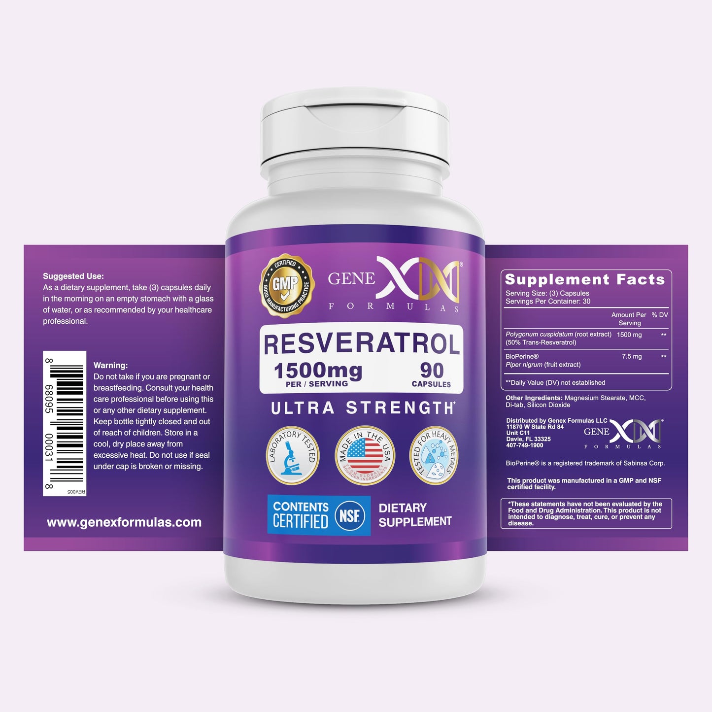 Genex Formulas 1500mg Resveratrol + BioPerine (3 Pack) | Trans-Resveratrol from Japanese Knotweed
