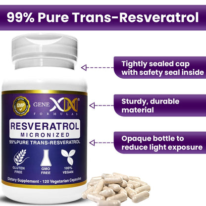 Genex Formulas 99% Micronized Trans-Resveratrol 1000mg + BioPerine, 120 Capsules