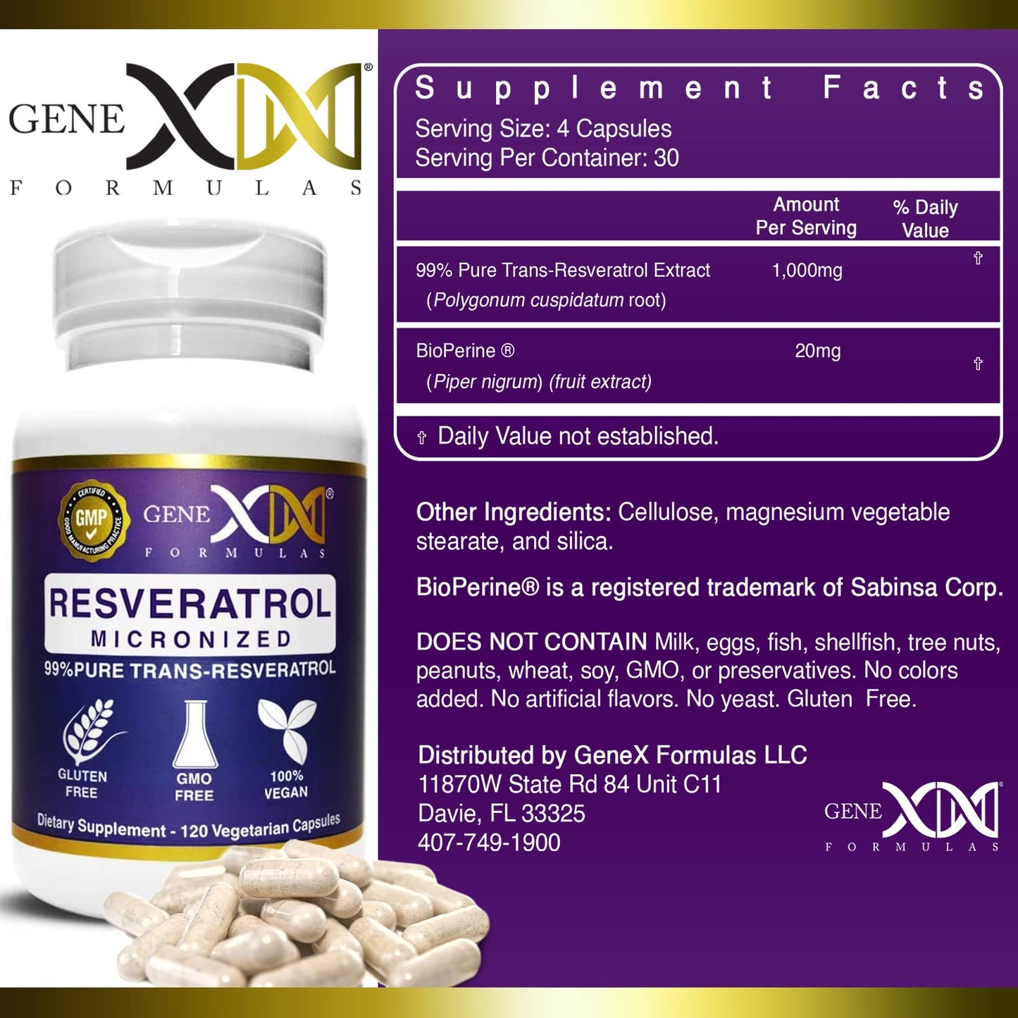 Genex Formulas Trans Resveratrol 1000mg – 120ct (4x250mg) Micronized with Bioperine | GMP & NSF Certified
