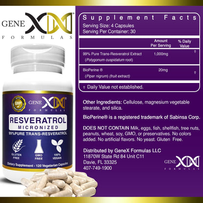 Genex Formulas Trans Resveratrol 1000mg – 120ct (4x250mg) Micronized with Bioperine | GMP & NSF Certified